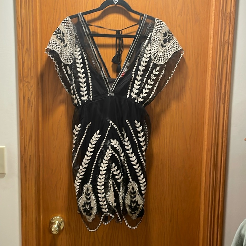 NWT Free People Hand Embroidered Black/Cream dress with slip.